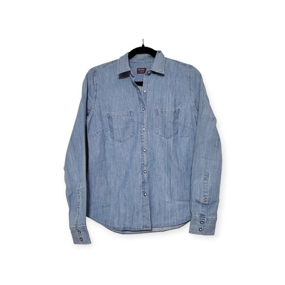 UNTUCKit 2 NWOT Cotton‎ Chambray Blue 2 Pockets Button-Up Shirt ALLEANZA - Picture 10 of 10